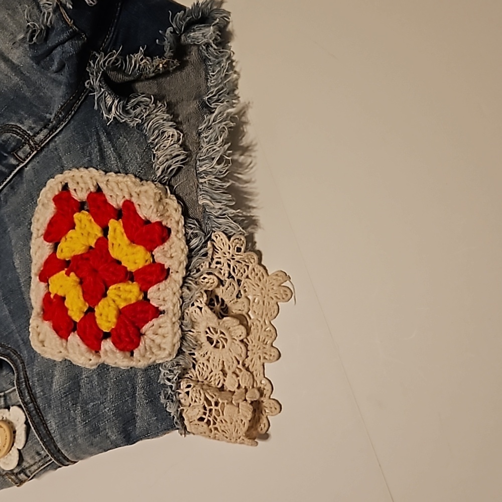 Hand Crafted Upcycled Denim Crochet Shorts Granny Square Handmade High rise 29 - Picture 9 of 17